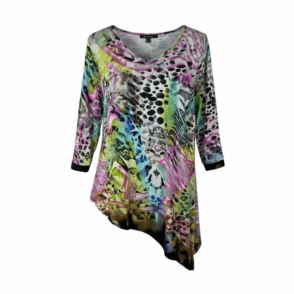 Pastel Rainbow Abstract Print T-Shirt Asymmetrical Hem 3/4 Sleeve ArtPop XL